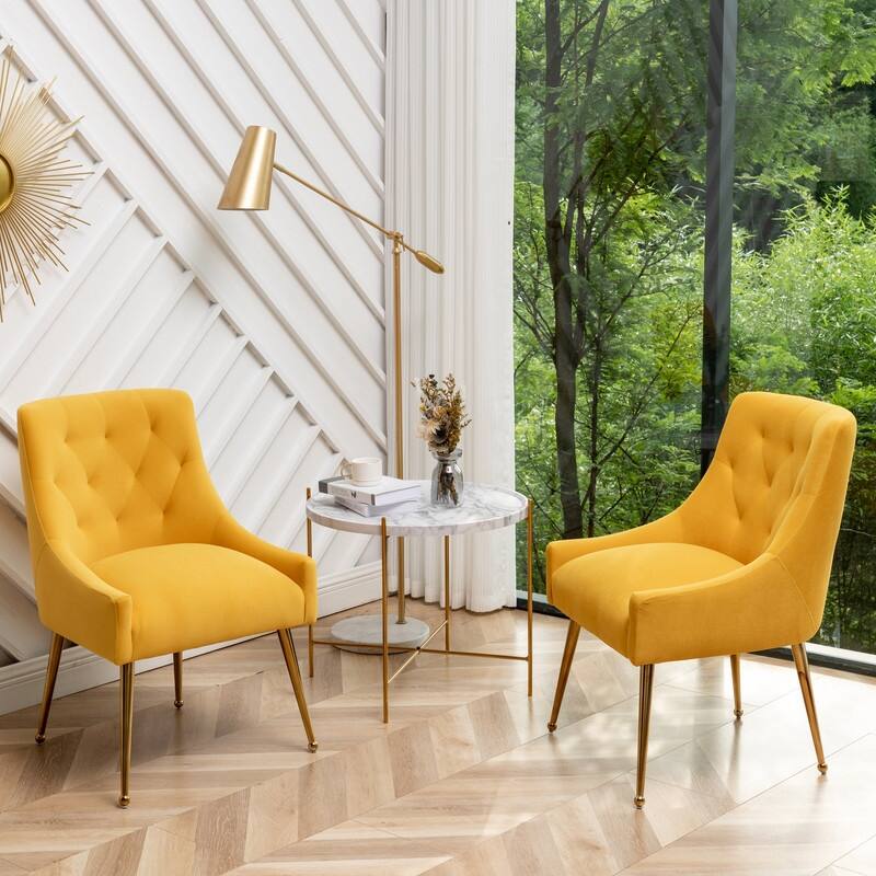 Modern Dining Chairs Set of 2, Upholstered Accent Chair Tufted Back Armless Chair with Back Pull - Yellow