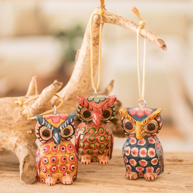 Novica Handmade Enchanting Owls Wood Ornaments (Set Of 3)