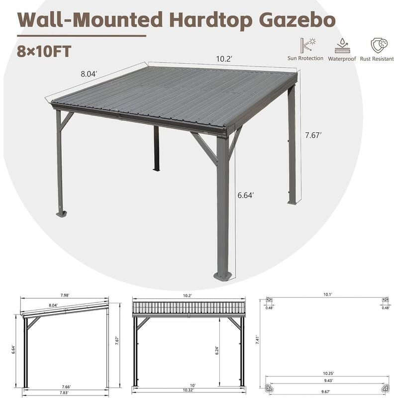 8' x10' Lean to Gazebo with Upgraded Drainage System, Wall Mounted Gazebo Hardtop Galvanized Steel Sloping Roof