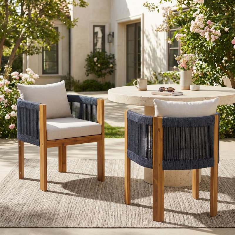 Christopher Knight Home- Alex Patio Acacia Wood Dining Chairs With Rope Armrests (Set of 2) - Black Rope,Sand Cushion