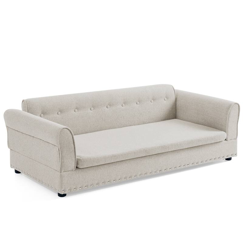 Oversized Pet Sofa, Elegant Modern Linen Fabric Elevated Dog Sofa Bed, Oversized Rectangular Pet Bed with Backrest & Armrest