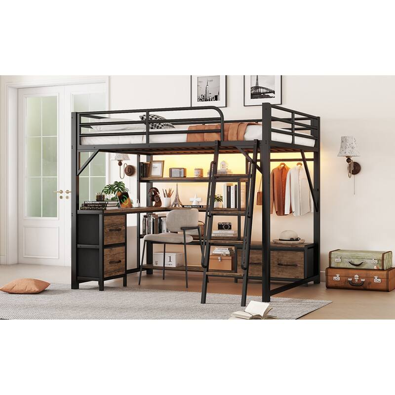 Roomfitters Full/Queen Loft Platform Bed, LED Charging Desk and Wardrobe Shelves with Metal Frame for Bedroom or Guest Room