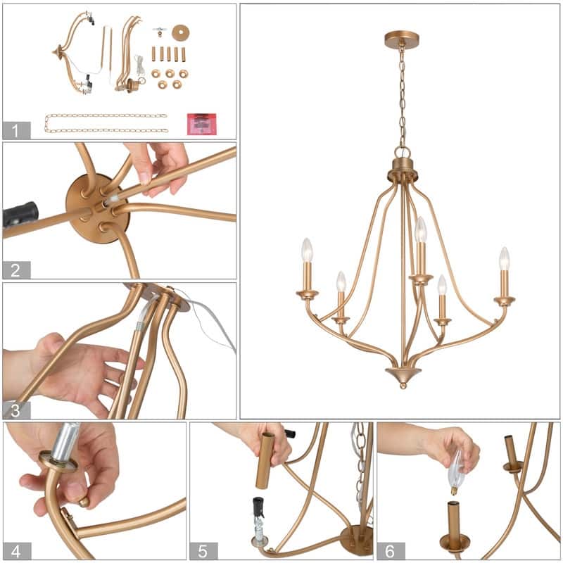 Modern Glam Gold 5-light Empire Wheel Chandelier Candle Ceiling Lighting for Foyer, Stairs - D24" x H89"