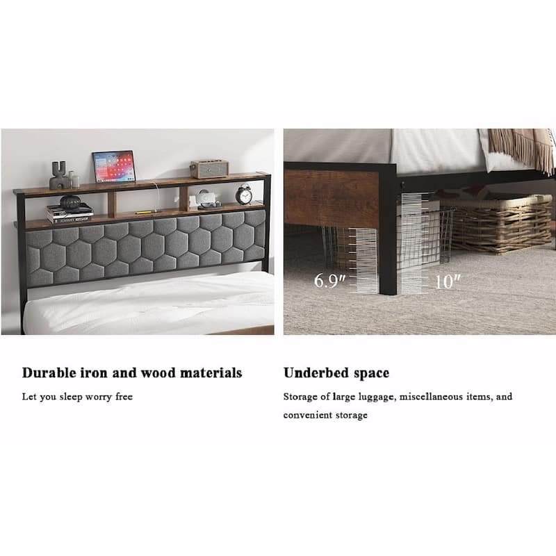 Wooden Platform Bed Frame with Soft Packaging, Bedside with 2 USB Ports, Noise-Free
