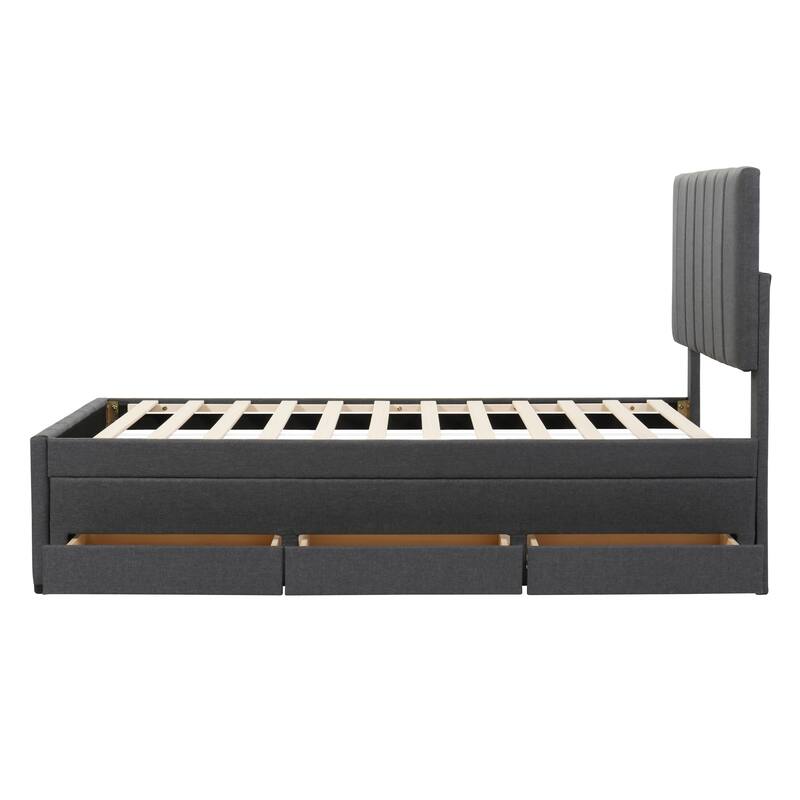 Twin Size Gray Linen Upholstered Platform Bed with Trundle and 3 Drawers, Space-Saving Design