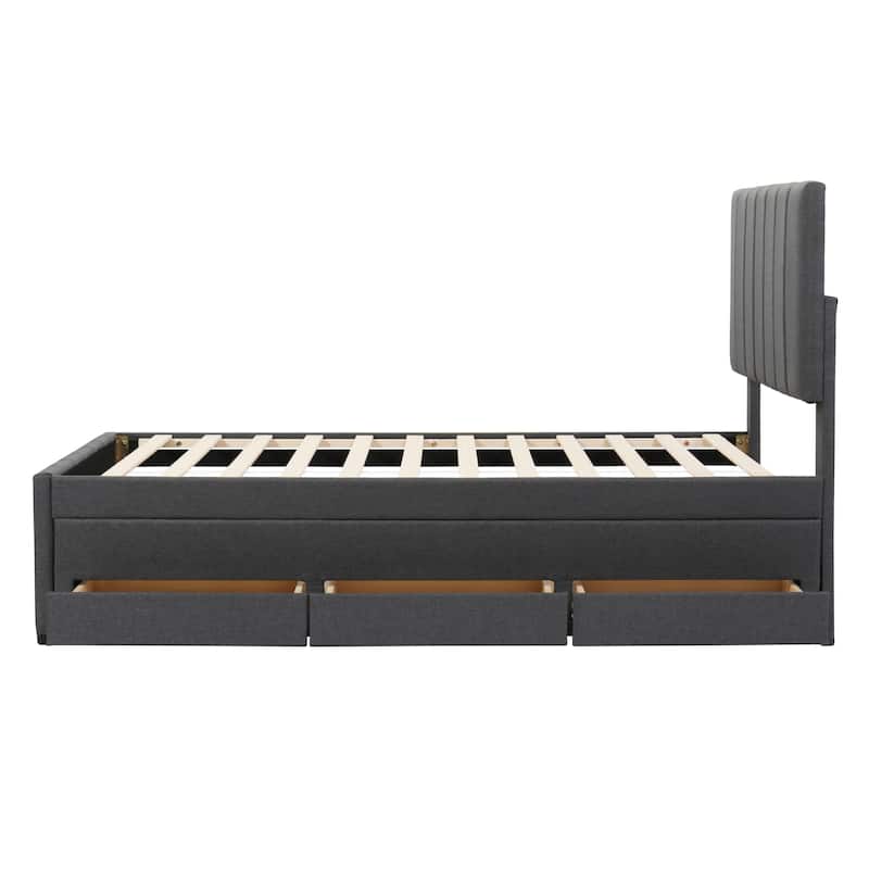 Twin Upholstered Bed with Trundle and Storage Drawers, Linen Fabric Platform Bed
