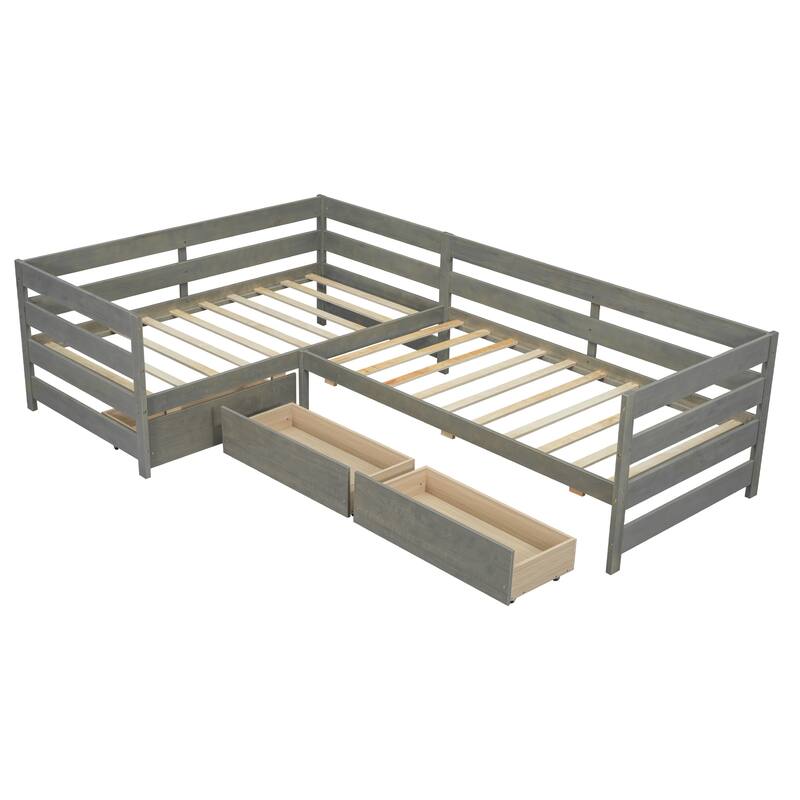 Twin Size L-shaped Platform Bed with Three Storage Drawers, Natural