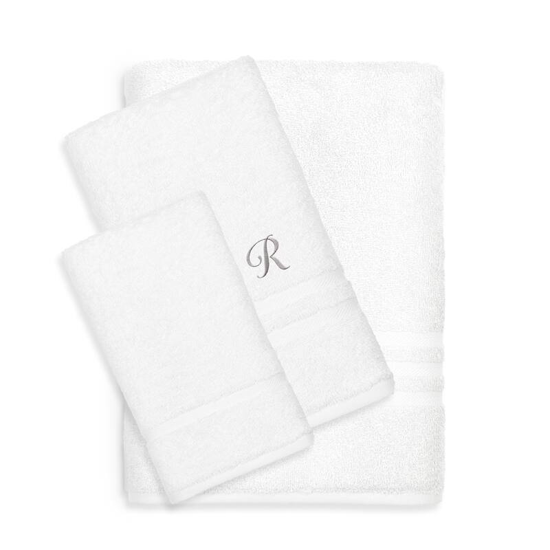 Authentic Hotel and Spa Omni Turkish Cotton Terry 3-piece White Bath Towel Set with Grey Script Monogrammed Initial - White/R