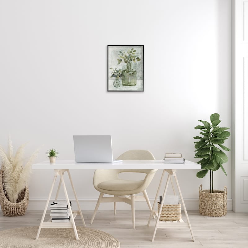 Stupell Herbal Plants Green Leaves Country Vase Rustic Painting Framed Wall Art - Off-White