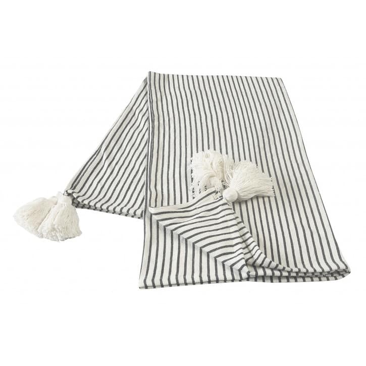50" X 60" Black and White Woven Cotton Striped Throw Blanket with Tassels