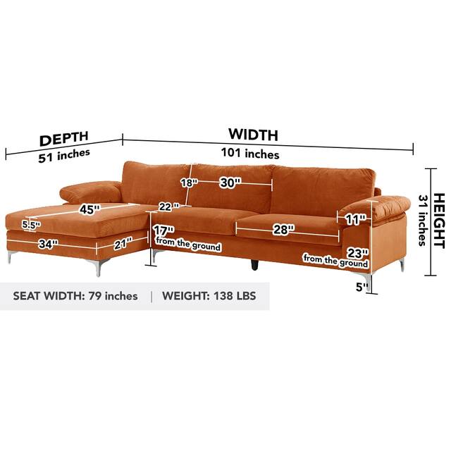 Velvet Upholstered L-Shape Sectional Sofa