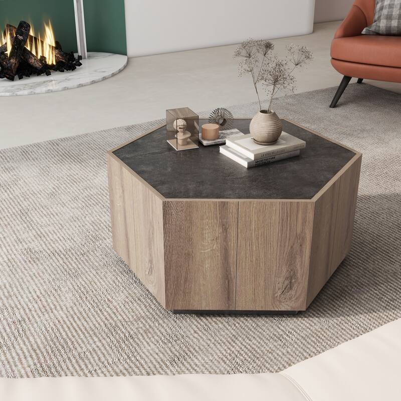 Hexagonal Coffee Table With Storage Drawer Rural Style Side End Table For Living Room Dining Room Bedroom