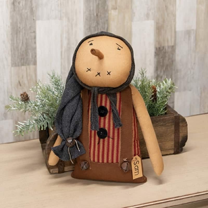 Sam the Rustic Snowman Plush Figurine with Knit Cap and Tag Accent for Holiday Decoration - 12" H x 8" W x 3.5" D