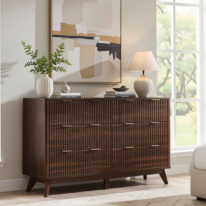 Modern Fluted 6 Drawers Dresser, Chest of Drawers, Dresser TV Stand - Dark Walnut