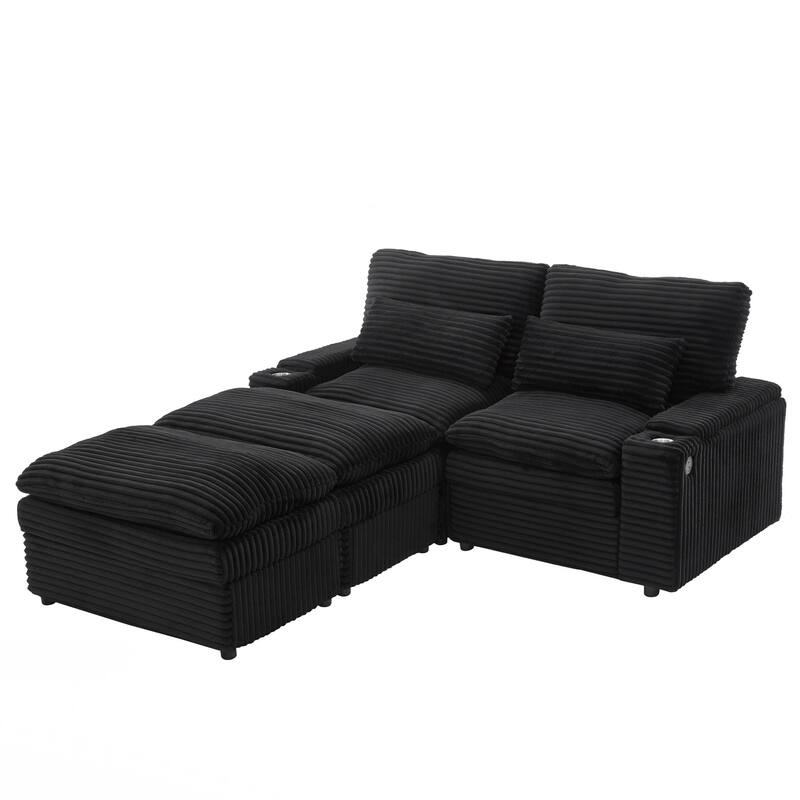 Loveseat Sofa Free-combined Sectional Convertible Sofa Bed with Storage Space, Two Movable Ottomans, Four USB Ports