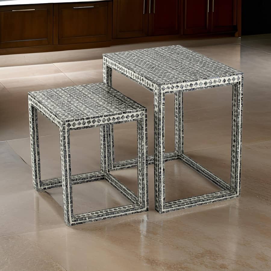 Set of 2 Nesting Side End Tables, Capiz Inlaid Design, Gray and White