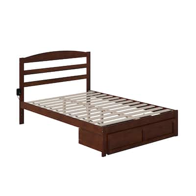 Full Size Bed with Drawer - HomeStock Walnut Wood Platform Bed Frame - Traditional Design - Slat Support - 76"L x 53.5"W