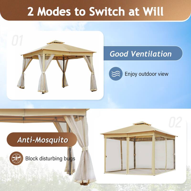Patio Gazebo Tent with Double Roofs and Mosquito Netting for Backyard