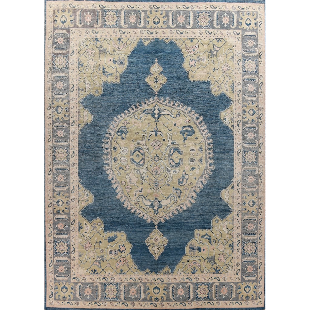 Hand Knotted Oriental 100% Wool Carpet Transitional Medallion Navy Blue & Blues Oushak Area Rug - 14' 9'' X 11' 10''