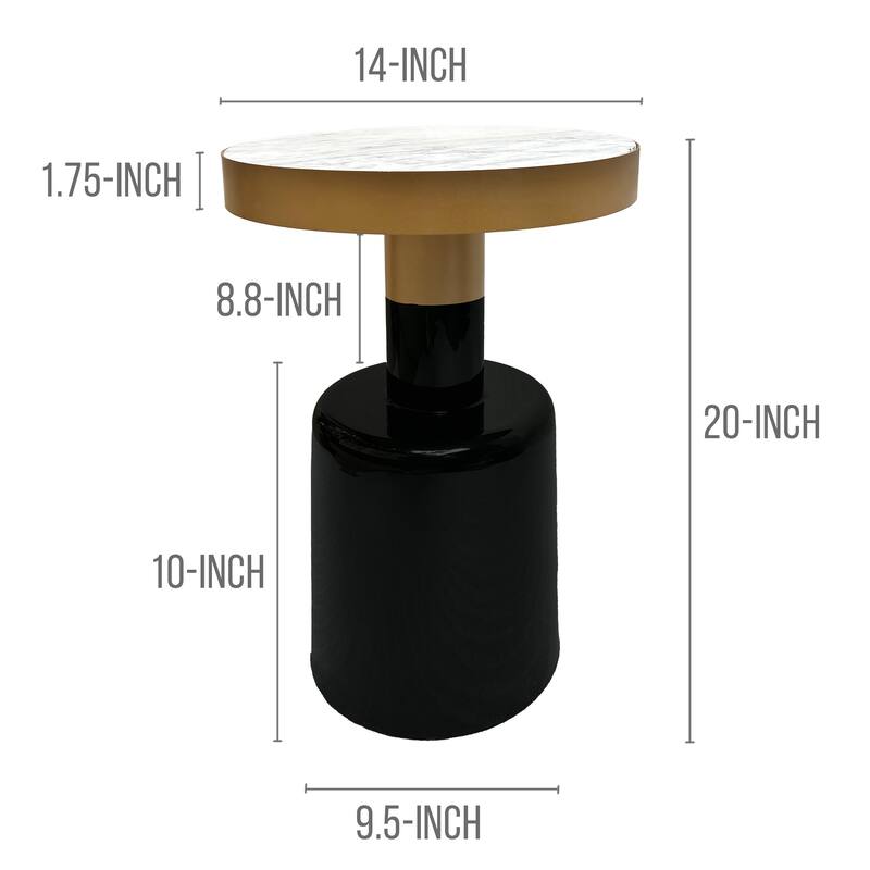 20 Inch Round Side End Table, Gold Banded Natural White Marble Top, Black Enamel Coated Iron Pedestal Base