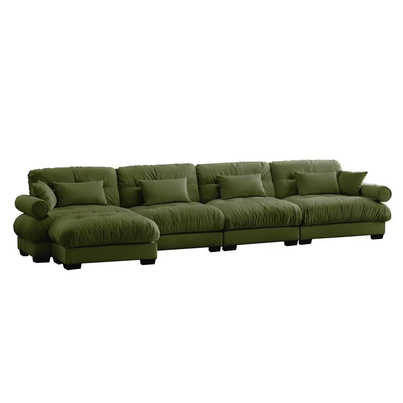 166" Velvet L-Shaped Sectional Sofa with Pillows & Convertible Design
