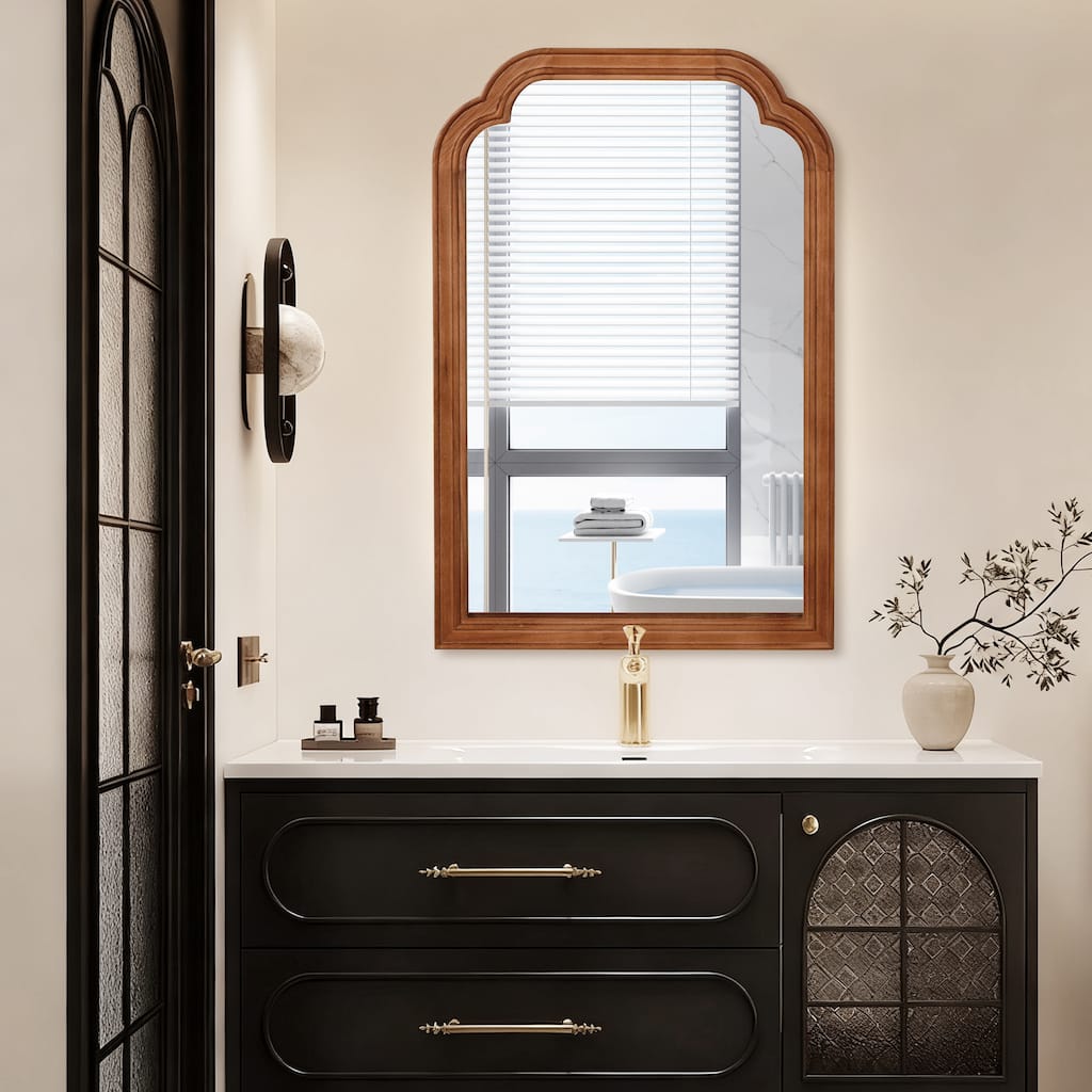 Yellowish Brown Rounded Corner Solid Wood Decorative Mirror - Bedroom, Bathroom, Living Room - Yellow Brown