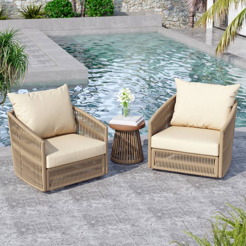 3 Piece Patio Woven Rope Swivel Chair Seating Group with Cushions