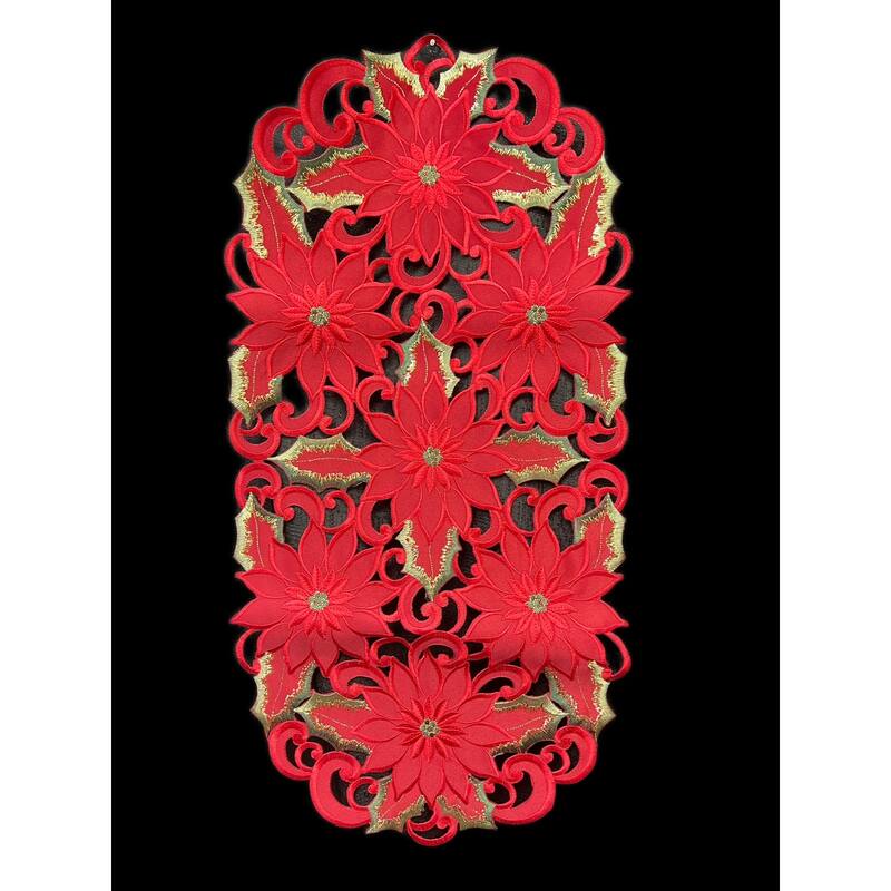 Poinsettia and Green Leaf Embroidered Cutwork Rectangular Table Runner, 13 by 27 inch