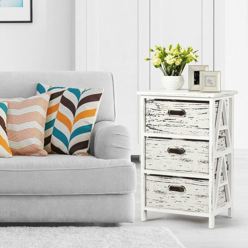 Vintage Wood Frame End Table Chest with 3 Fabric Drawers - 16" x 12" x 24.5" (L x W x H)