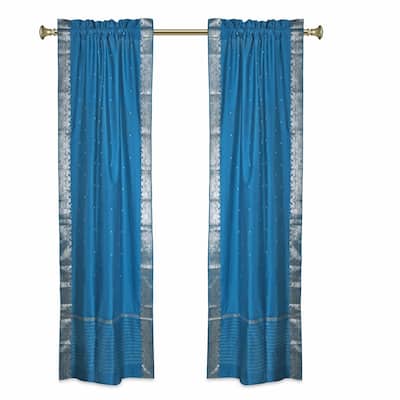 Turquoise Rod Pocket Sheer Sari Curtains w/ Silver Border-Pair