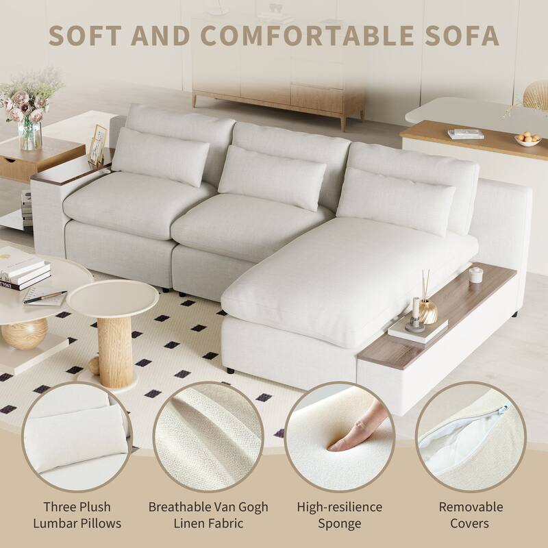 109.8'' L-Shaped 3 Seater Modular Sectional Sofa with 3-Pillow, Removable Back Cushions and 2 Storage Compartments