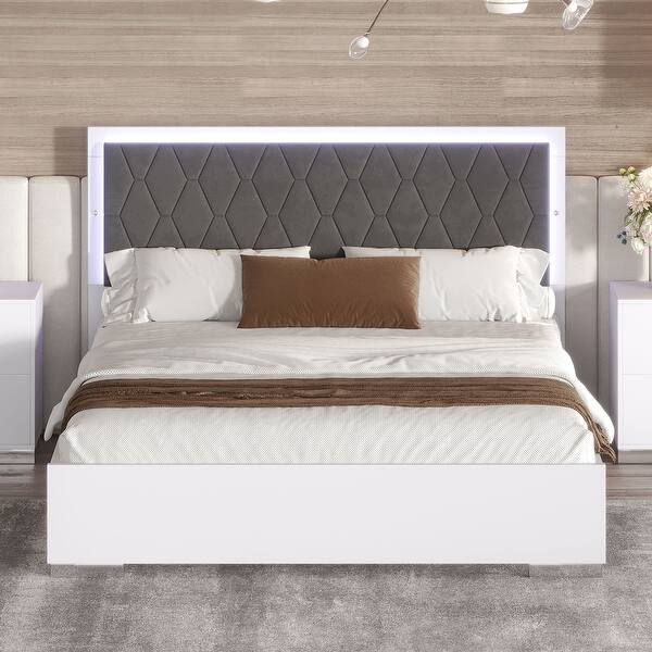 slide 2 of 16, Queen Size Upholstered Bed with LED Lights and Velvet Headboard, White White - Queen