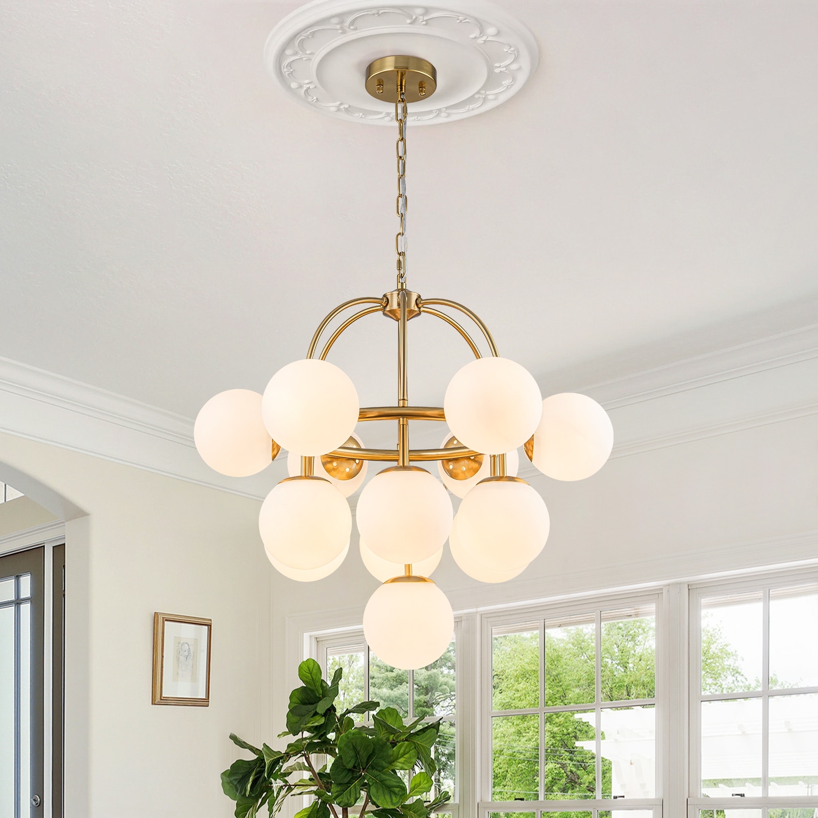 Mid-Century Modern 13-Light Bubble Chandelier with Opal Glass Globe Shades for Dining Room, Living Room & Kitchen Island