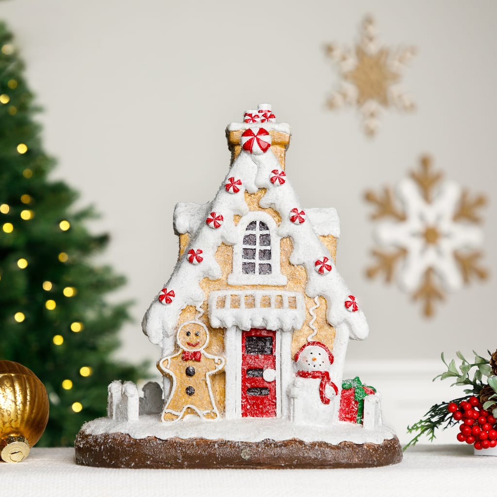 Snowy Gingerbread Peppermint House with Snowman Christmas Decoration - 11"