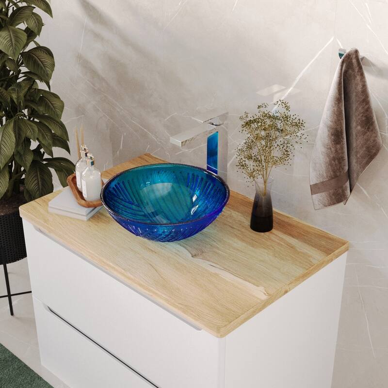 Blue Tempered Glass Round Countertop Bathroom Vessel Sink with Sink Drain Renovators Supply