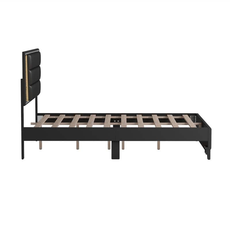 Queen Size Upholstered Platform Bed with LED Light Strips, PU Bed Frame with Headboard and Sparkling Shiny Decoration