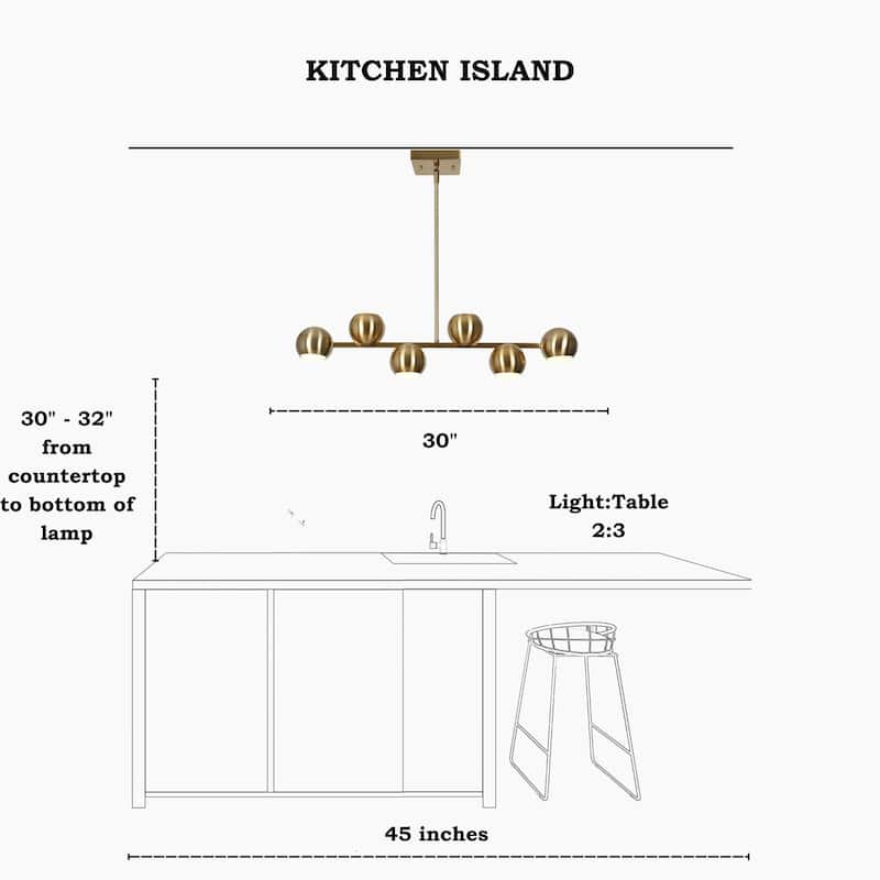 Modern 6-Light Gold LED Chandelier Metal Linear Island Lights for Dining Room