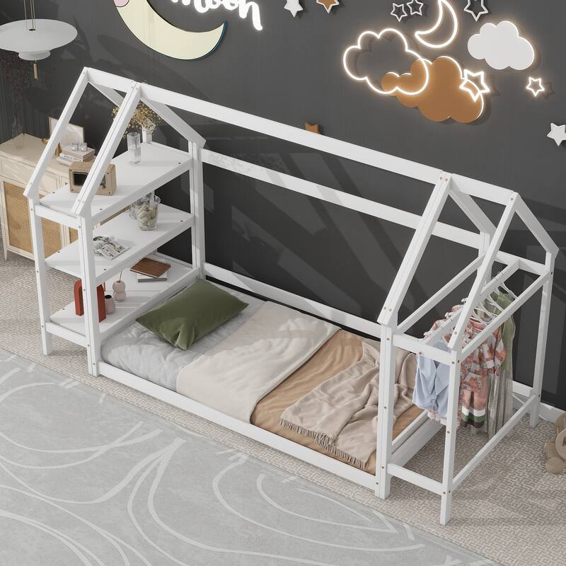 Wood House Bed With Storage Shelf And Hanger