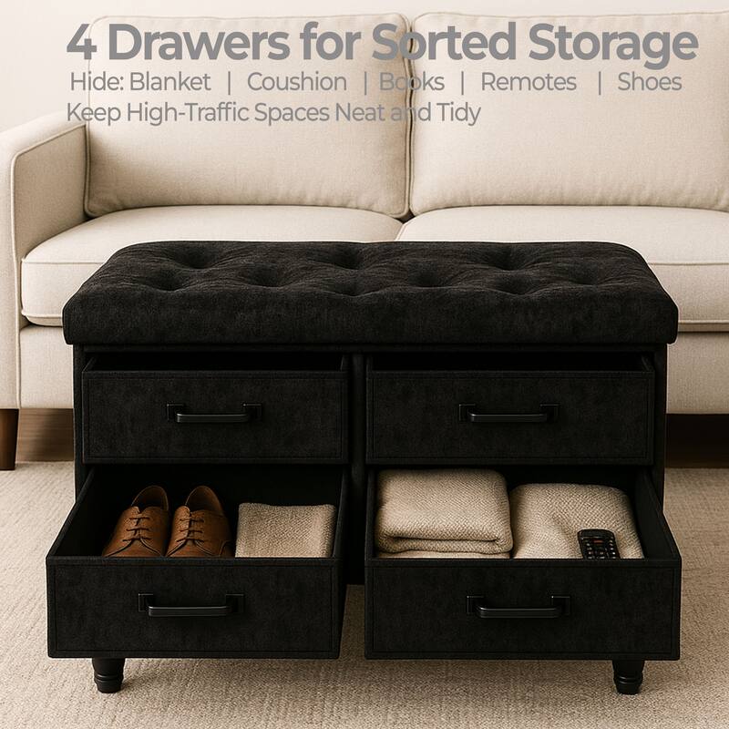 30 Inch Storage Ottoman With Four Drawers For Organized Home Use Storage