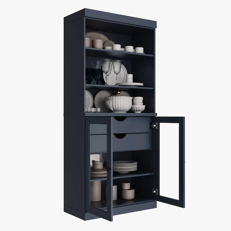 100% Solid Wood Kitchen Pantry Cabinet with 2 Clear Glass or Solid Wood Doors and 2-Drawer Organizer by Palace Imports