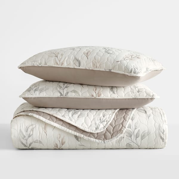 Becky Cameron All Season 3 Piece Watercolor Leaves/Stripe Reversible Quilt Set with Shams - Latte - Full - Queen