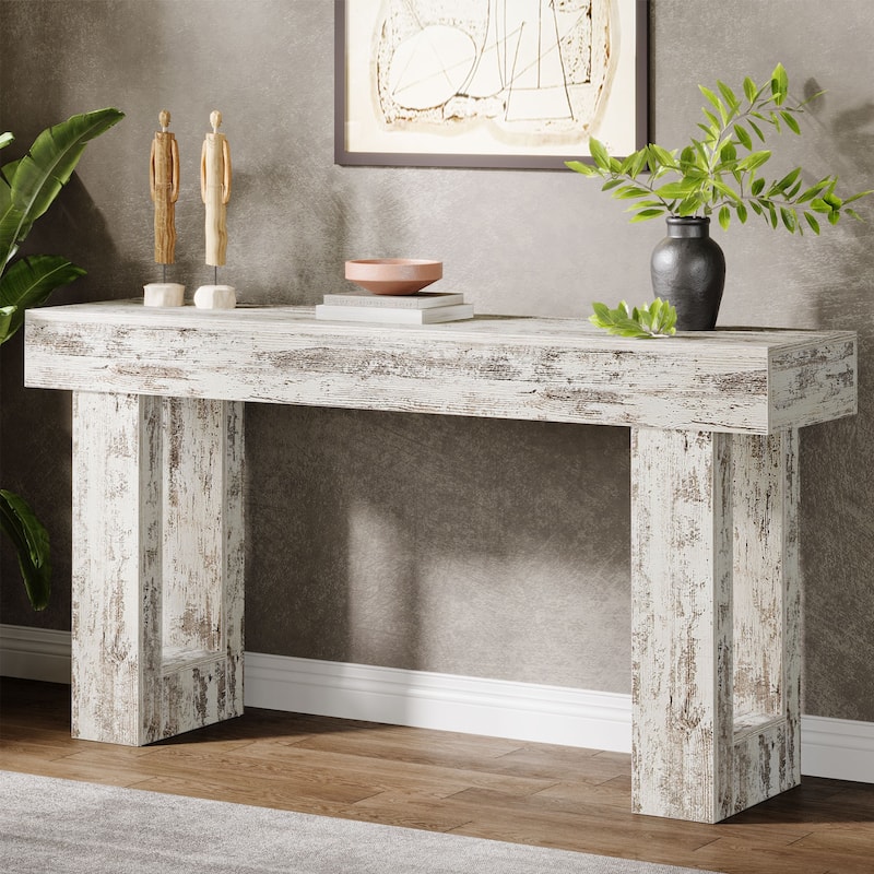 Farmhouse Console Table, 63-Inch Long Narrow Sofa Table Behind The Couch - Distressed White