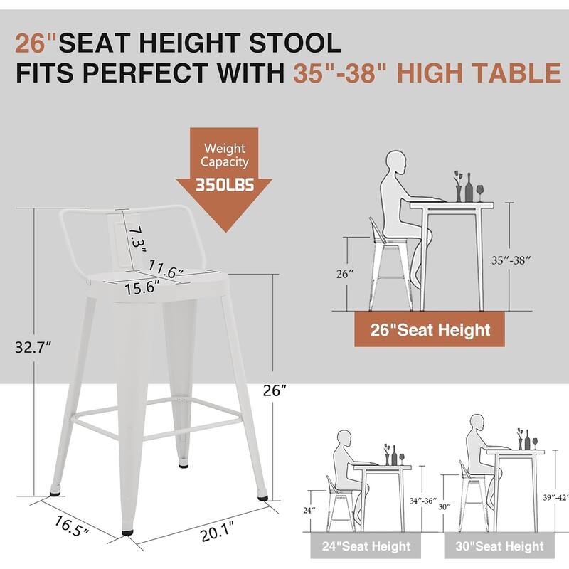 Industrial Metal Counter&Bar Stools Set of 4, 26" and 30" Seat Height Barstools with Large Seat and Low Back for Kitchen Island
