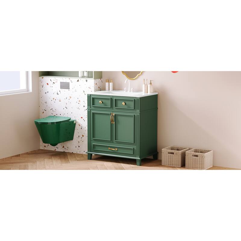 Roomfitters 30 Inch Bathroom Vanity with Ceramic Sink, Solid Wood Frame Storage Cabinet with Soft Closing Doors
