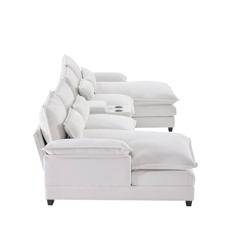 123"W modern u-shaped living room upholstered sofa with console, cup holders and USB ports