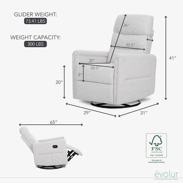dimension image slide 1 of 2, Evolur Peyton Manual Recline Glider with Full 360-Degree Swivel