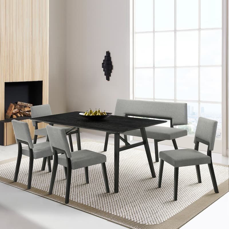 Channell Black or Walnut Wood 6 Piece Dining Set with Upholstered Chairs and Bench - Charcoal/Black