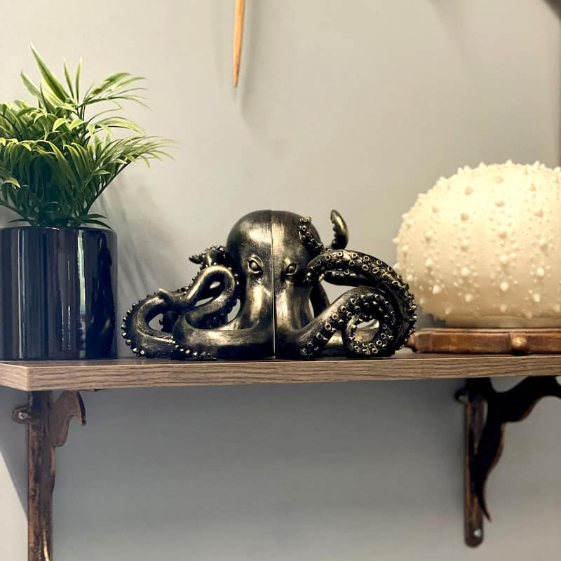 Bronze Octopus Bookends Set Of 2 Nautical Polyresin Coastal Shelf - 5 X 10 X 8 inches