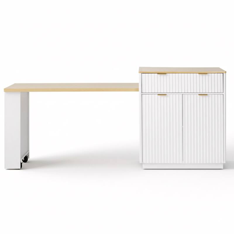 82.6" Fluted Kitchen Island with Extendable Table, Power Outlet & Storage for 4-6