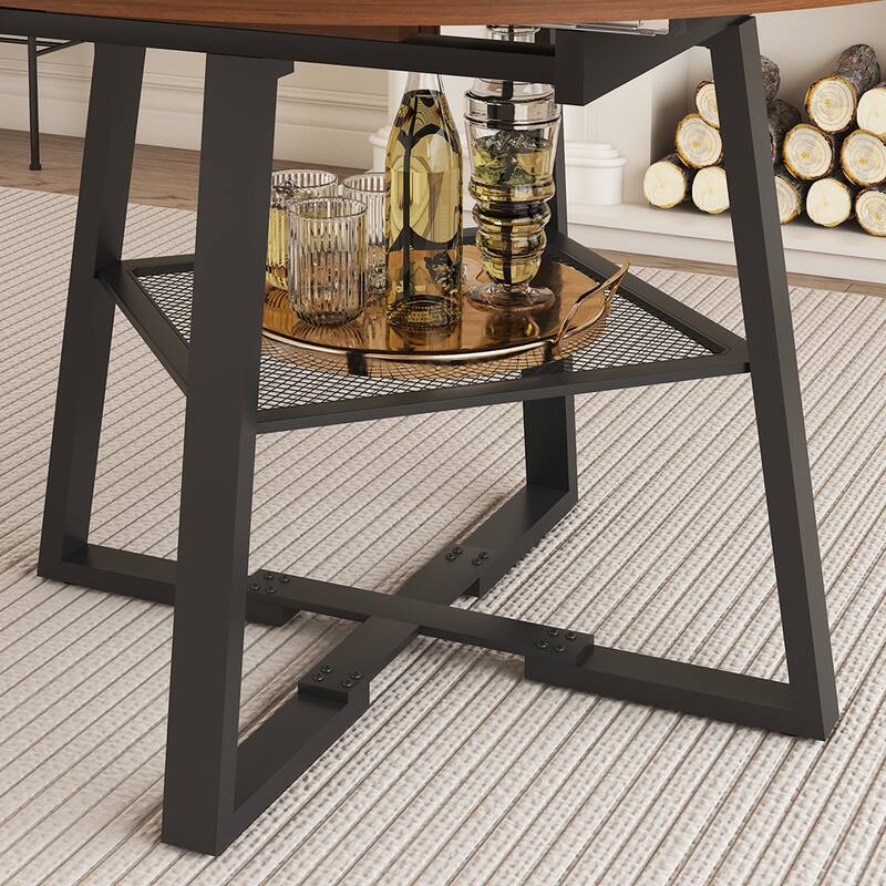 Extendable Round Dining Table, Kitchen Table with Open Wire Grid Shelf, Meeting Table for 4-8 People